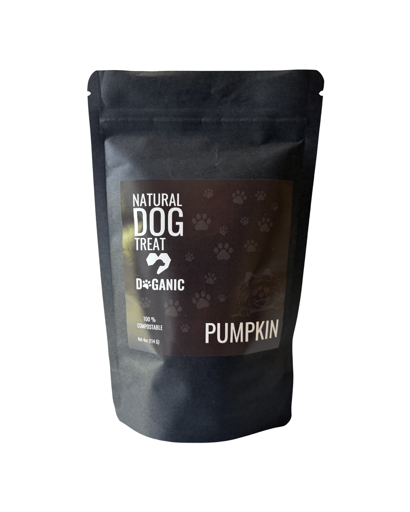 Doganic natural pumpkin dog treat bag, 4oz compostable packaging, front label