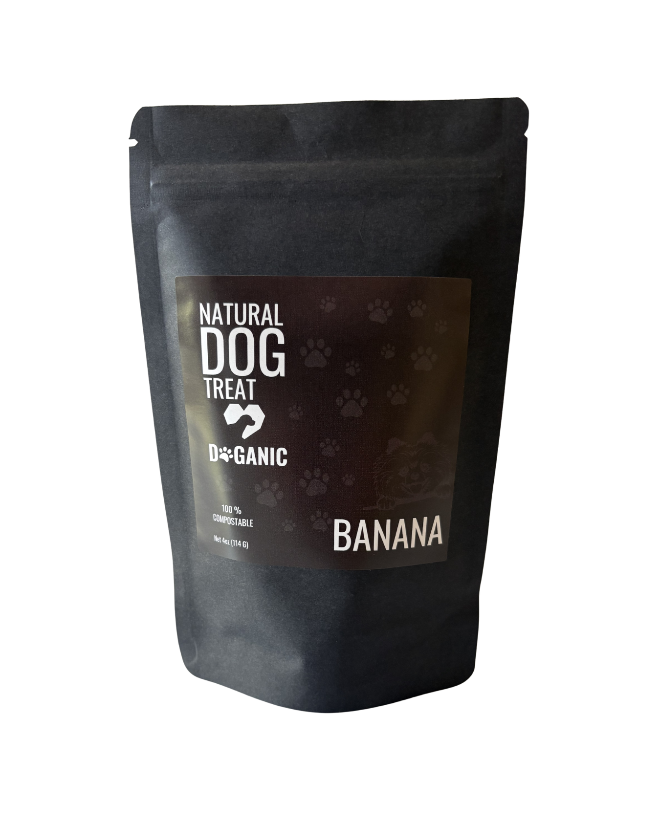 Doganic natural banana dog treat bag, 4oz compostable packaging, front label