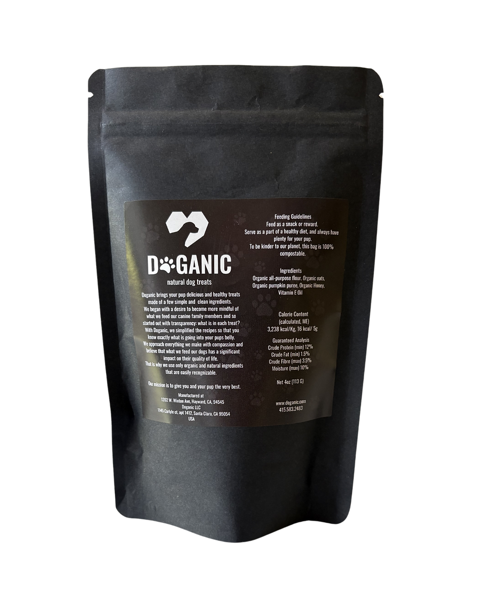 Thumbnail: Doganic natural pumpkin dog treat ingredients and feeding guidelines, back label