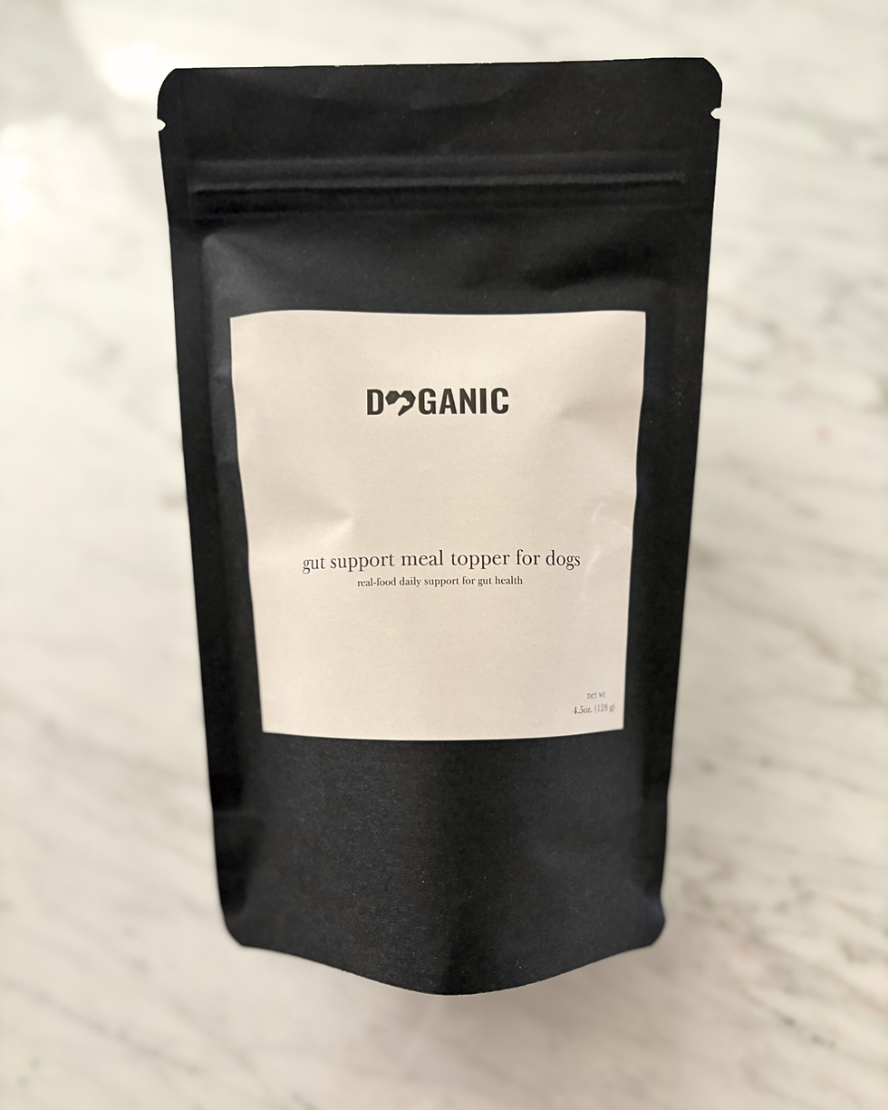 Doganic gut support meal topper for dogs, 4.5oz bag, front label