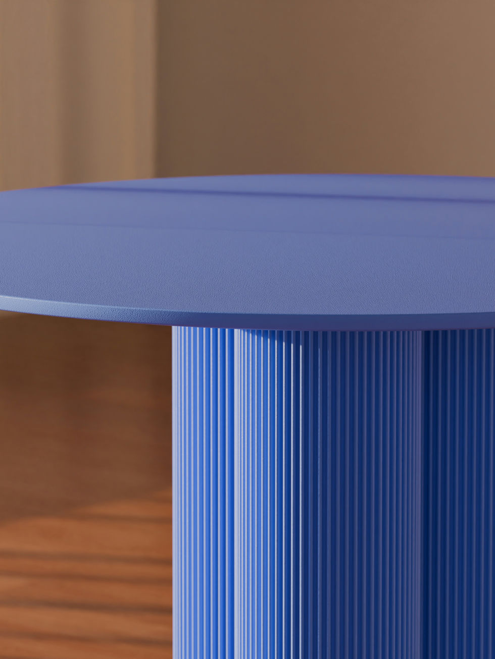 Blue table with ribbed legs, modern design, detail, Studio Nomade