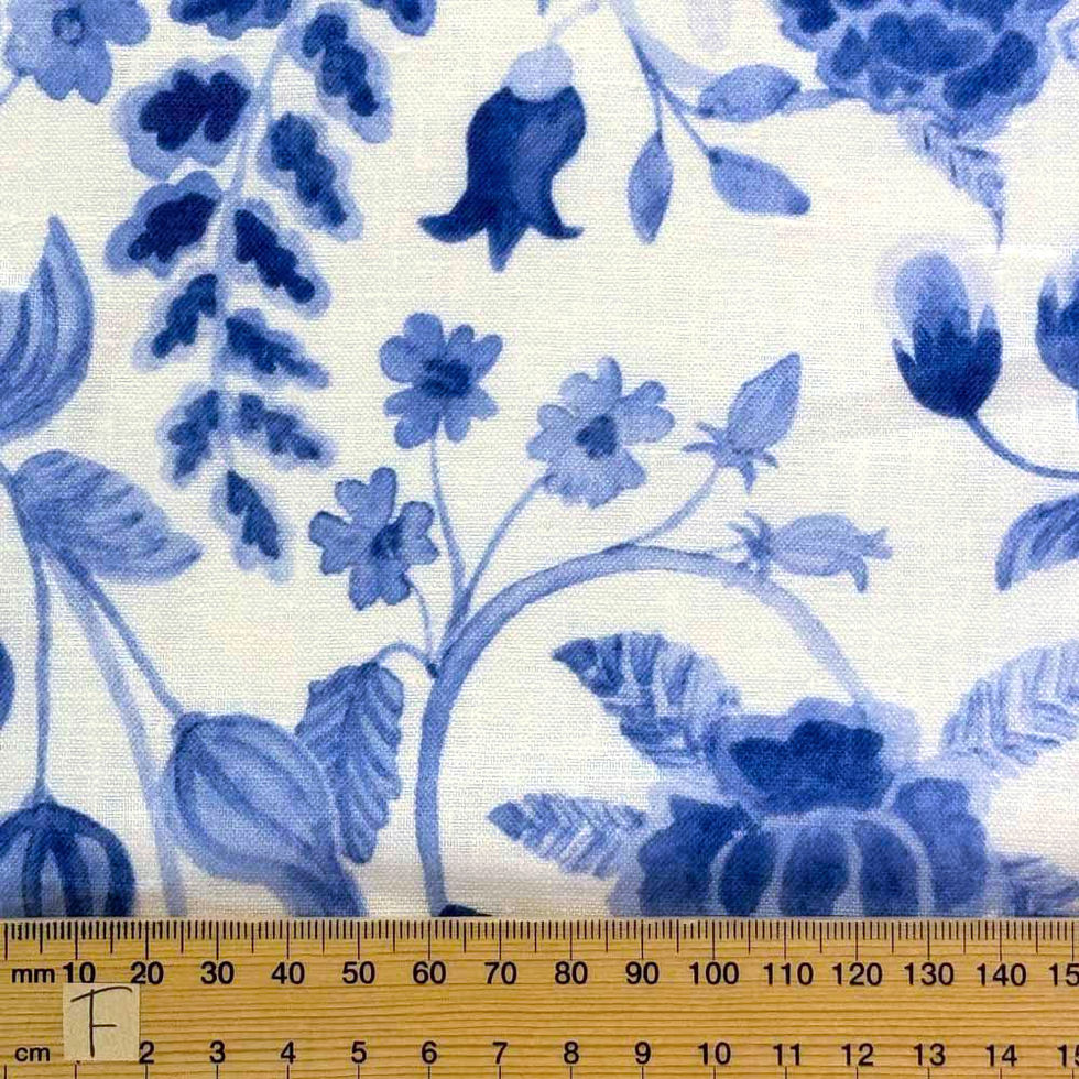 wedgewood blue and white printed linen dress fabric