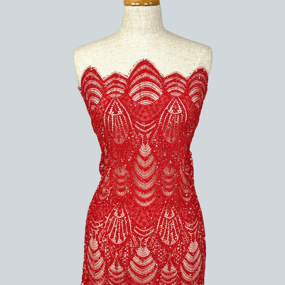 Celeste RED - Bead & Sequin fabric on a mannequin.