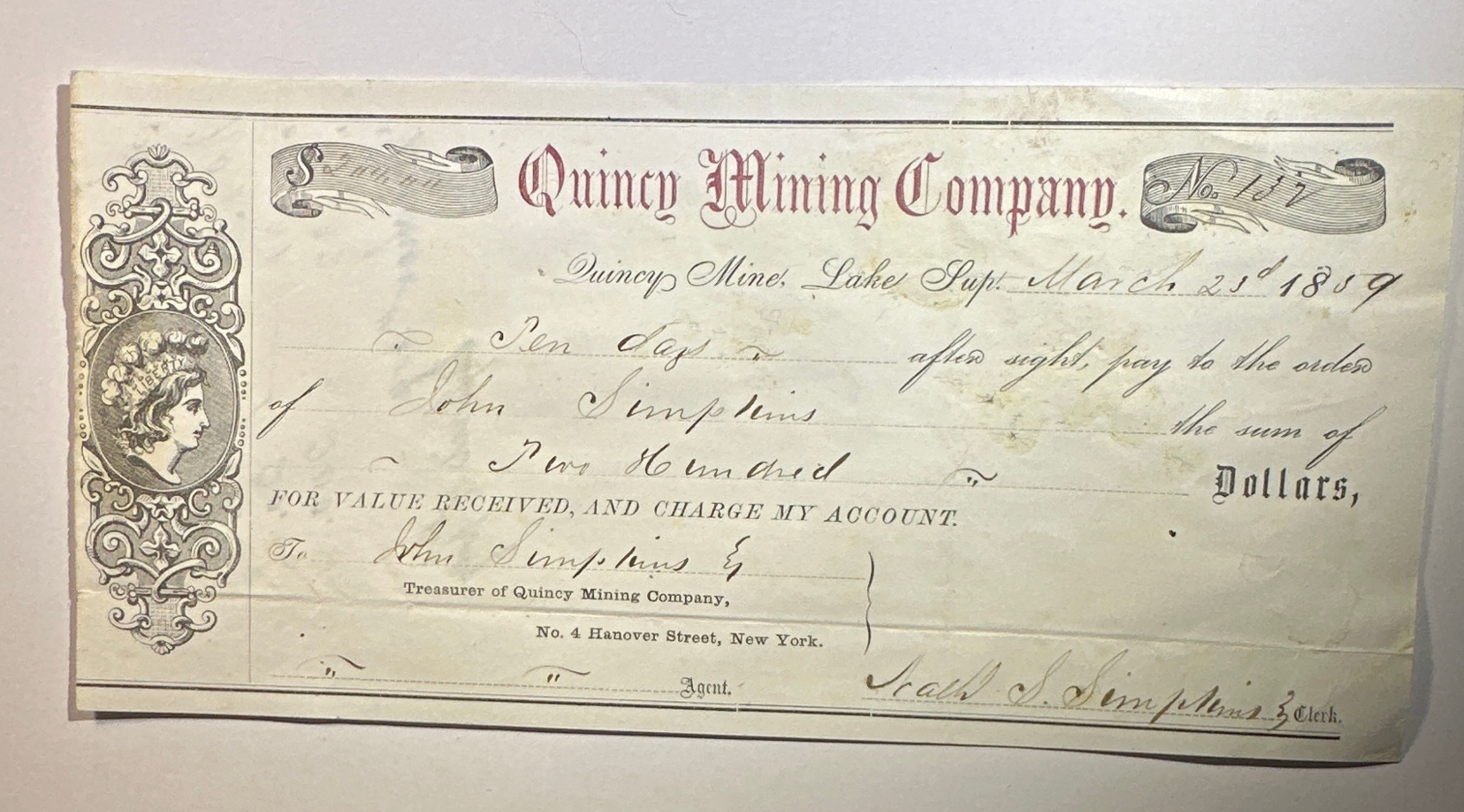 Quincy Copper Mining Company Draft Hancock Michigan 1859 very early 0020