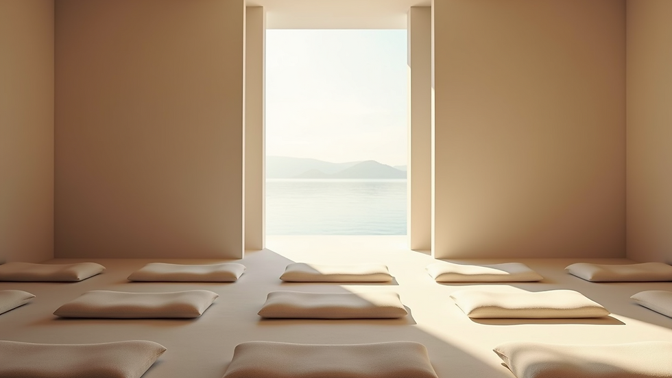 High angle view of a serene meditation space with cushions and soft natural light