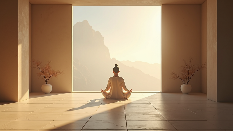 Eye-level view of a serene meditation space with soft lighting