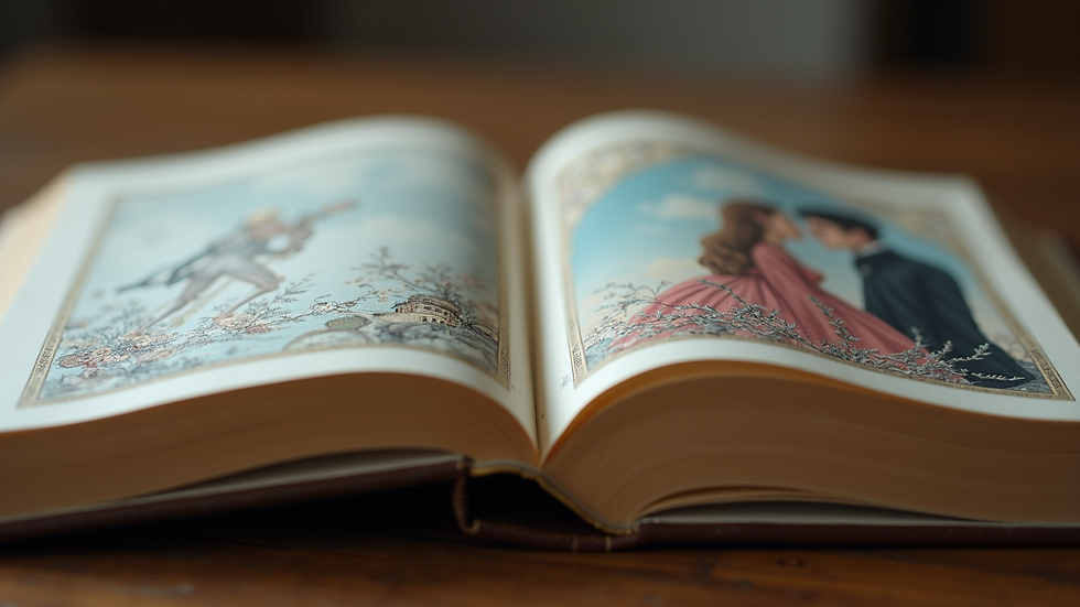 Close-up view of an open book with fantasy romance illustrations