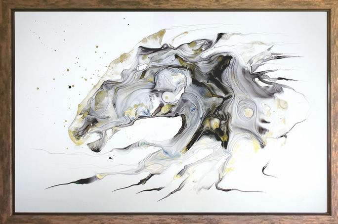 Gold Meda Winner. Image of horse head Story:
She was wild, free and fast enough that the sun could barely catch her. She had lived her life on the open grasslands, plagued by the relentless pursuit of the two-leggeds who would readily steal her freedom. She knew the Hoodoos and smelled the bones of ancient beings laying still in the earth beneath her feet.
Ink on synthetic paper, Conservation framing, non-glare acrylic glass, gold touched wood frame.
43.5 x 29.5"
$995.00 Framed
---
Subtle in both energy and flow, this unique piece of work was created from gold-and blue infused Chinese inks. It is truly a statement piece large enough to centre a large room, bringing intrigue and mystery to any space. One of the more prominent images found within the waves and lines of the work is the romantic observer tucked into the lines near her cheek. Perhaps the image is the energy of a person who dreams of sitting on her wild back to race the prairie wind.
Gallery Gray is located at 1127 Perth Road in beautiful Gillies Corners, Ontario. The gallery is inside the Personal Touch Country Gifts store, a restored century old church. Open Wednesday to Sunday from 10-5pm or view the gallery by appointment.
*A payment plan is available for this piece.