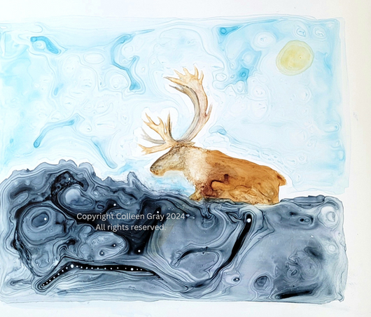 Daylight Savings Time
Story: Colonial time has no value to the animals who have used the Earth's clock since the beginning of time. Rocks move when they feel a great heave, birds move when the Earth's magnetics and wobble tell them to do so, and great herds of caribou move when the plants tell them it's time to cut a new path. If we move in harmony with the Earth, as the animals do, we learn to live by the rhythm of the world's heart, instead of by the rhythm of commerce and power.
Watercolor on 11x14" synthetic paper
Unframed $240.00
(can be framed at additional cost)