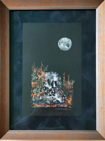 Moon River by Colleen Gray
Story: The roar of a falling river becomes orchestra accompaniment for the brilliance of the moon that casts a soft light over creation.
8.25x11.25
watercolour on synthetic paper
Framed: $275