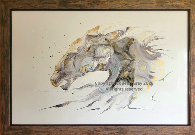 She was wild, free and fast enough that the sun could barely catch her. She had lived her life on the open grasslands, plagued by the relentless pursuit of the two-leggeds who would readily steal her freedom. She knew the Hoodoos and smelled the bones of ancient beings laying still in the earth beneath her feet.

Ink on synthetic paper, Conservation framing, non-glare acrylic glass, gold touched  wood frame. 

43.5 x 29.5"
$995.00 Framed