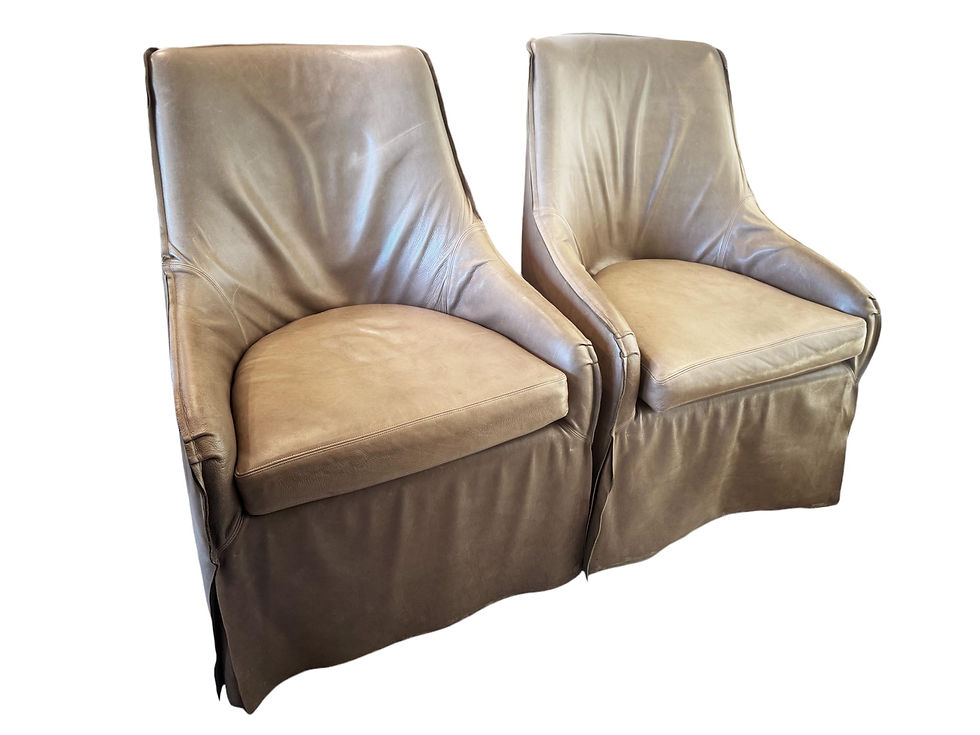 Thumbnail: Pair of Taupe Leather, Skirted Slip-Covered Verellen Chairs on Casters