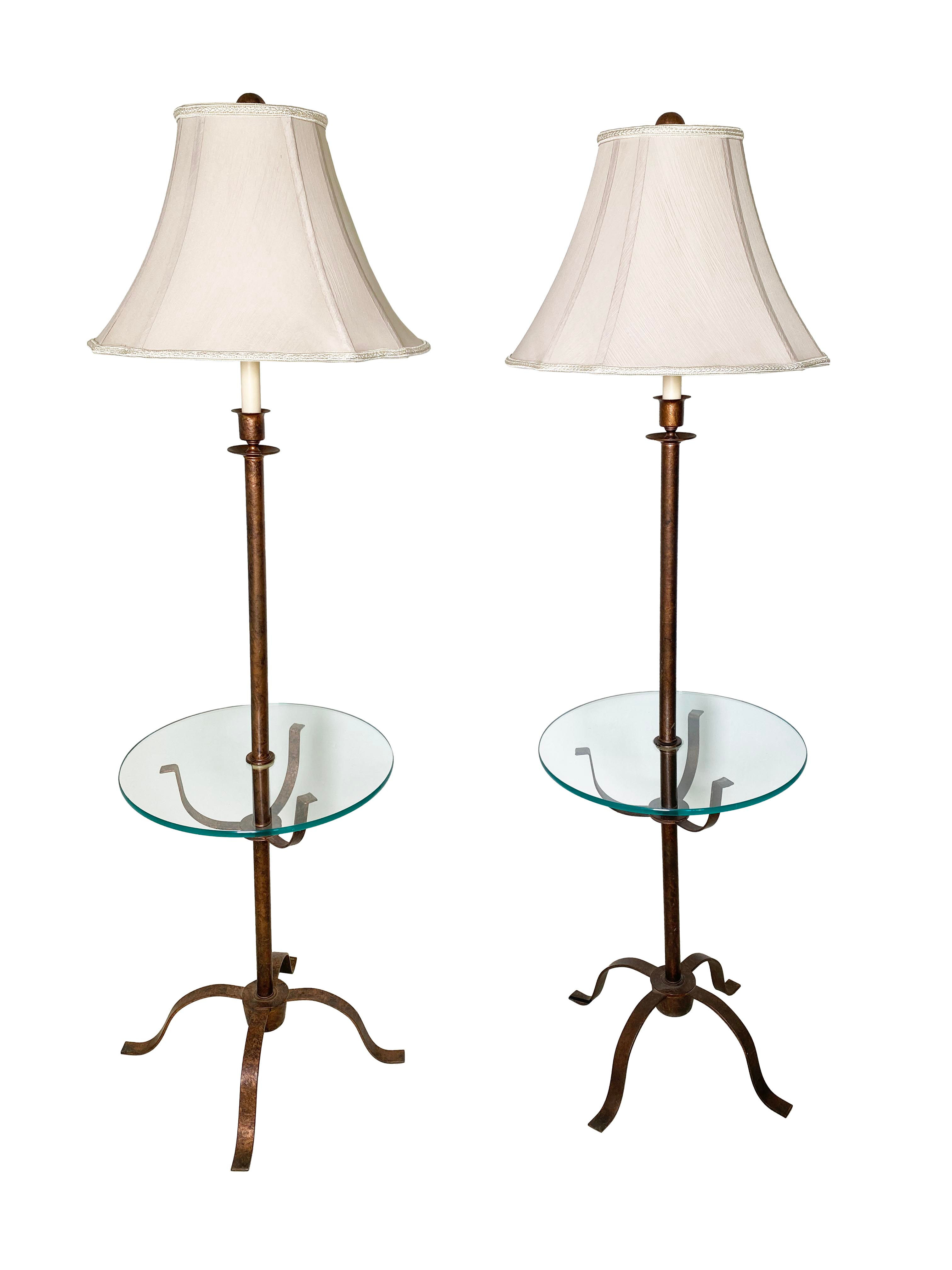 Parisian Style Hand-Forged Metal and Glass Tray Table Floor Lamps