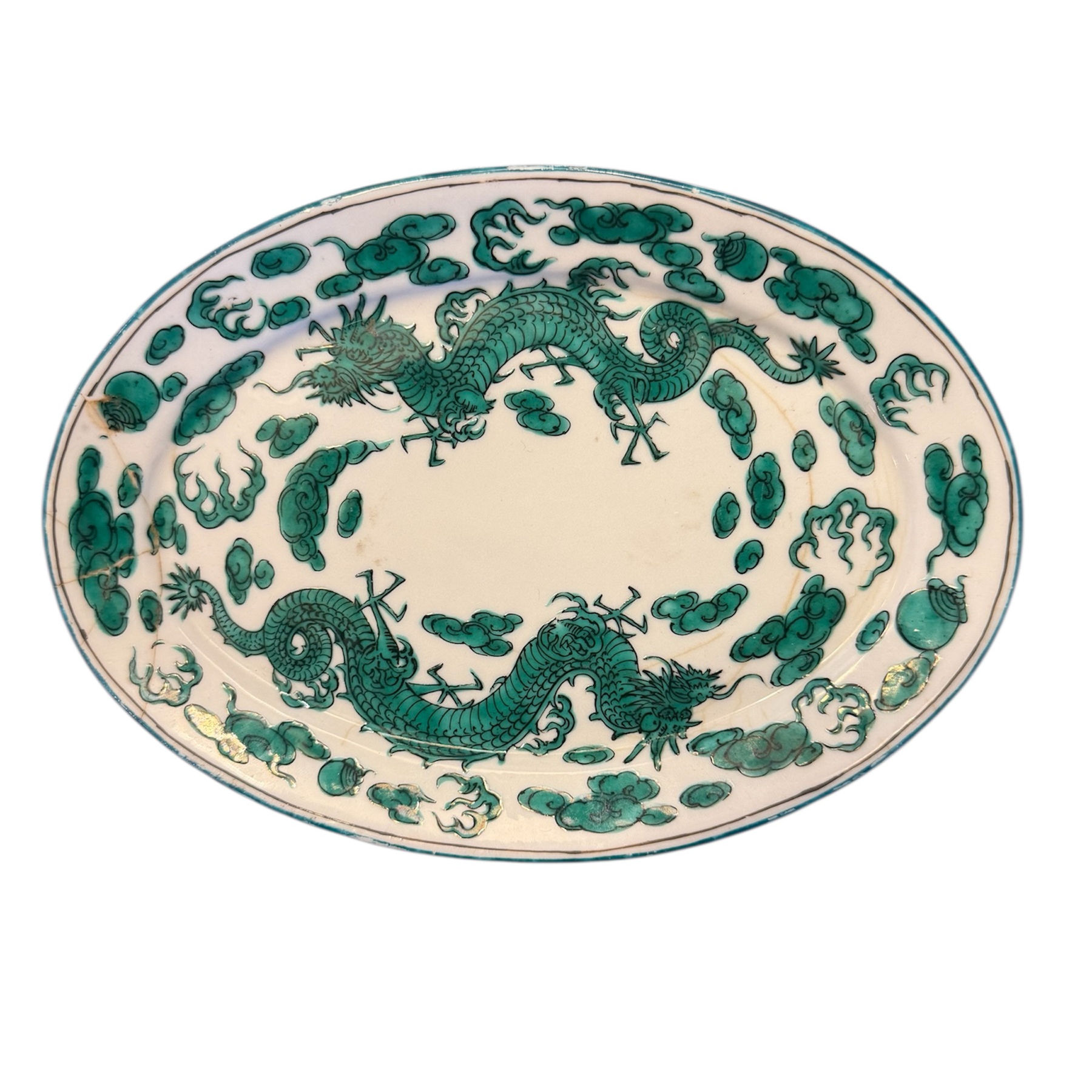 Antique Green-and-White Japanese Dragon Plate with Artist Embossed Stamp Marking