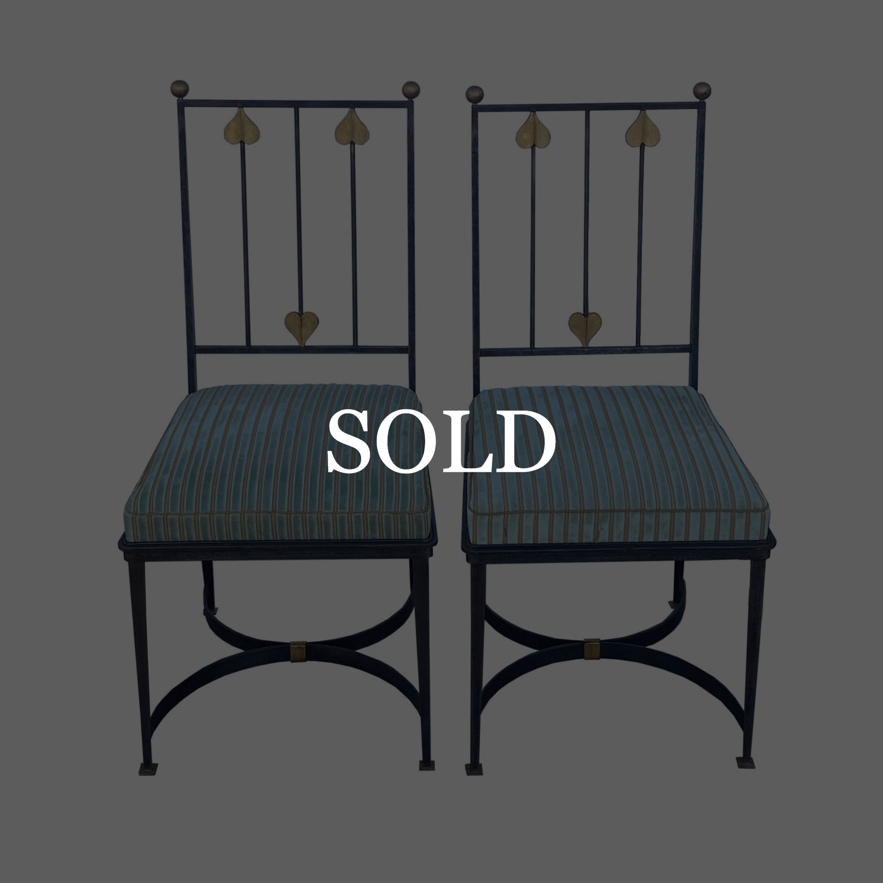 Mid-Century Iron Side Chairs with Rose Tarlow Striped Velvet Fabric
