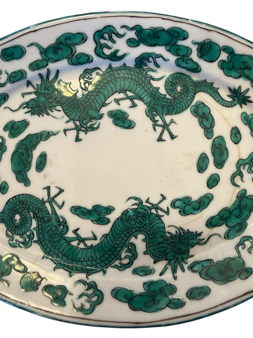 Thumbnail: Antique Green-and-White Japanese Dragon Plate with Artist Embossed Stamp Marking
