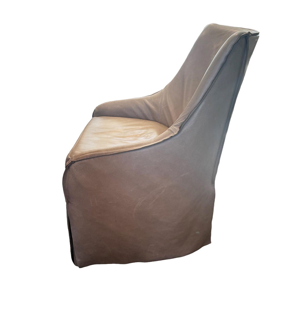 Thumbnail: Pair of Taupe Leather, Skirted Slip-Covered Verellen Chairs on Casters