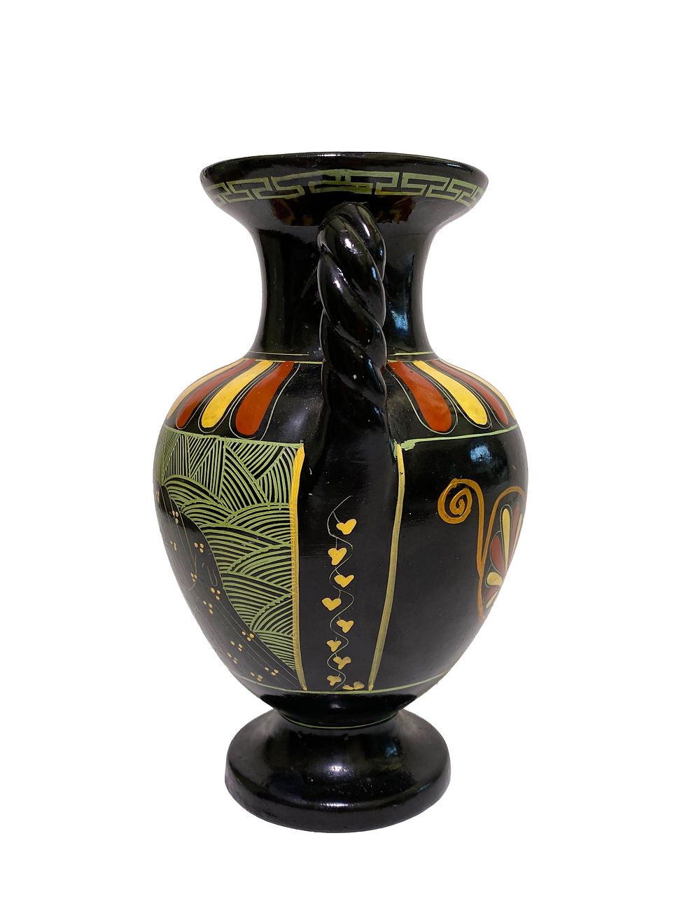 Thumbnail: Greek Pottery Black Urn with Twisted Handles, Signed on Reverse by Artist.