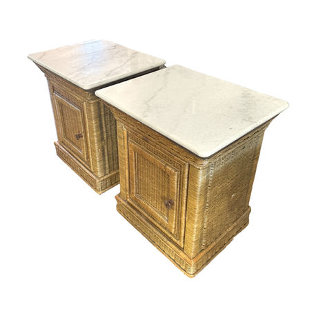 Pair of Marble Top Wicker Side Tables, Calacatta, Carrara, Rattan, Furniture, Bedroom, Nightstands, 