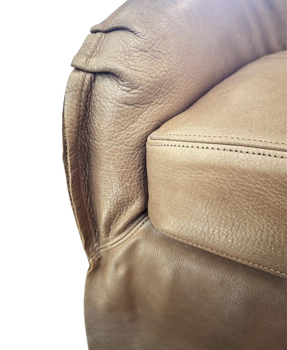 Thumbnail: Pair of Taupe Leather, Skirted Slip-Covered Verellen Chairs on Casters