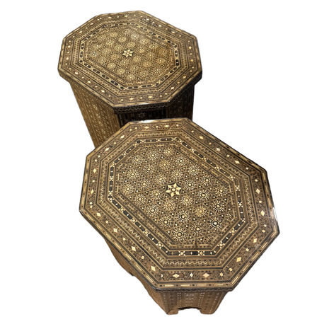 Pair of Moorish Marquetry Tables, accent, cocktail, bar, lounge, octagonal, Morocco, european, tastemaker shoppe