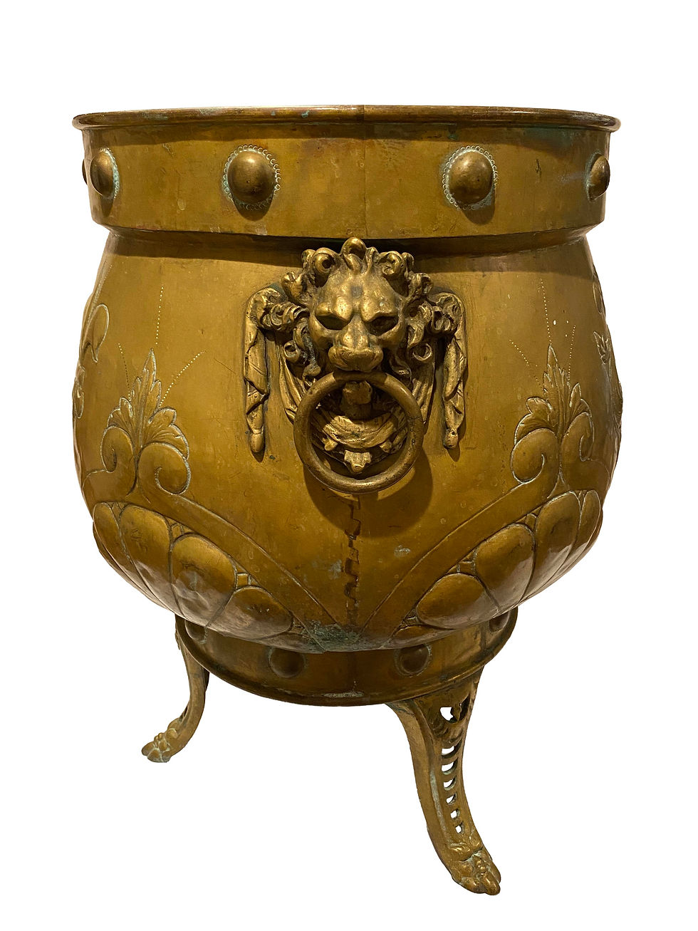 Thumbnail: Rare, Large Antique English Jardinière with Brass Etchings and Lion Heads