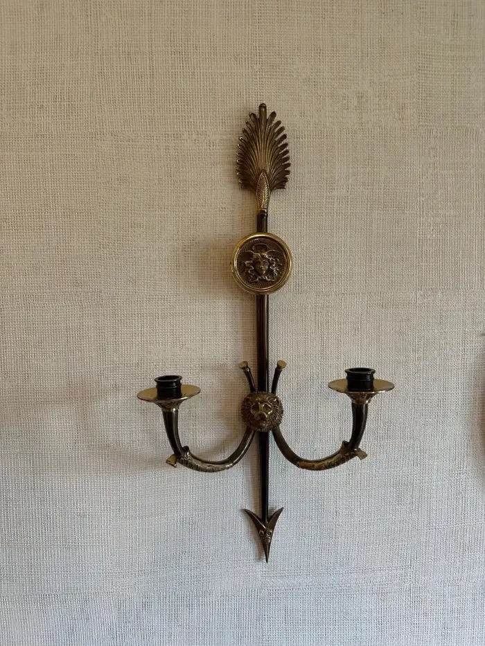 Thumbnail: Pair of Neoclassical Versace-Style Brass Medusa and Lion Head Sconces