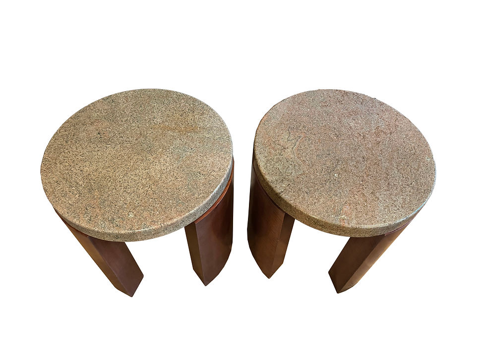 Thumbnail: Pair of Sculptured Mahogany Side Tables with Thick Granite Top, Signed by Artist