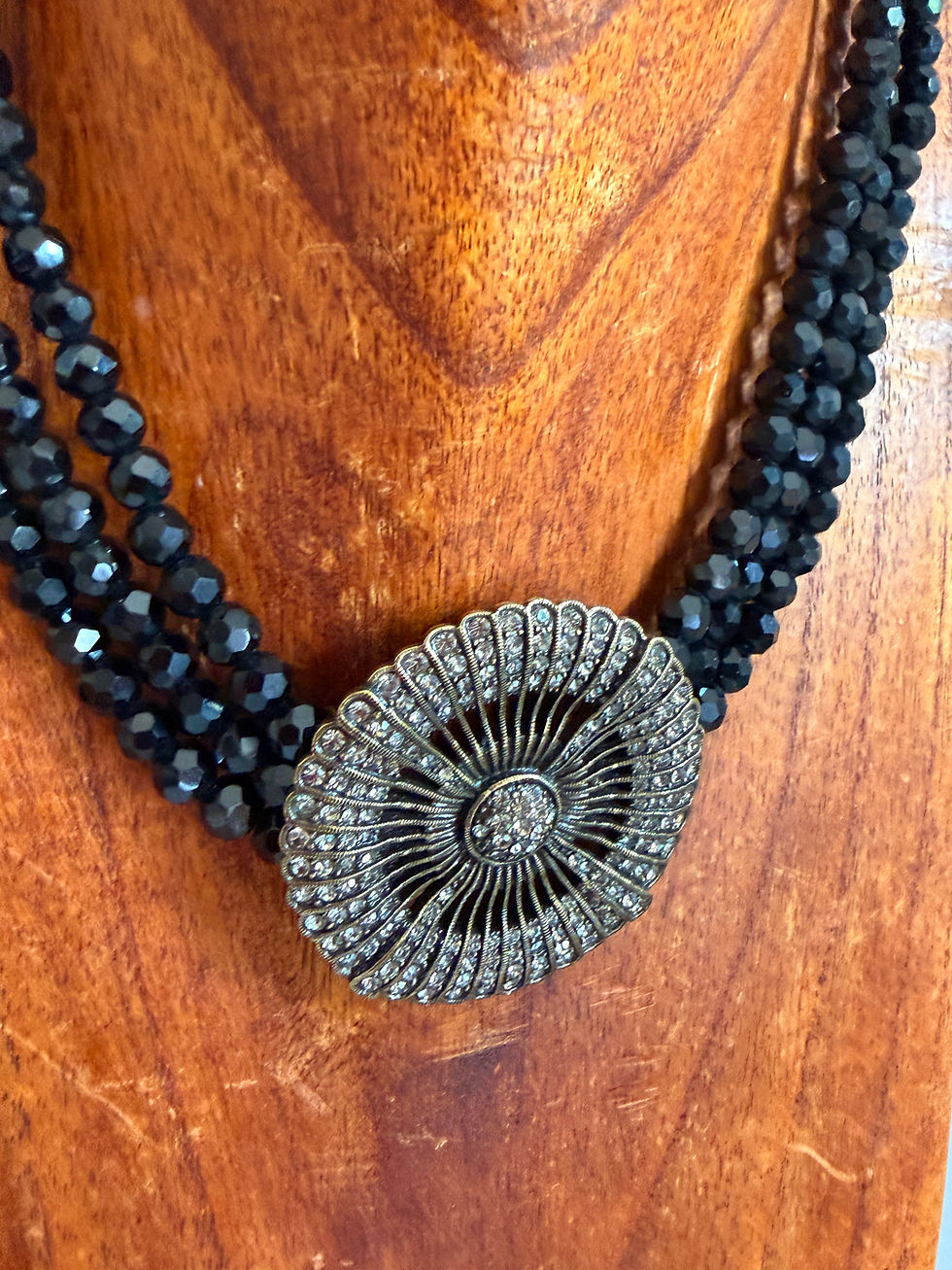 Thumbnail: Vintage Heidi Daus Belgian Disc 3 strand black crystal necklace