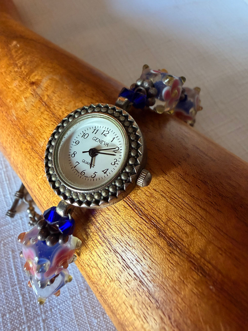 Thumbnail: Vintage beaded watch ~ pink and blue 