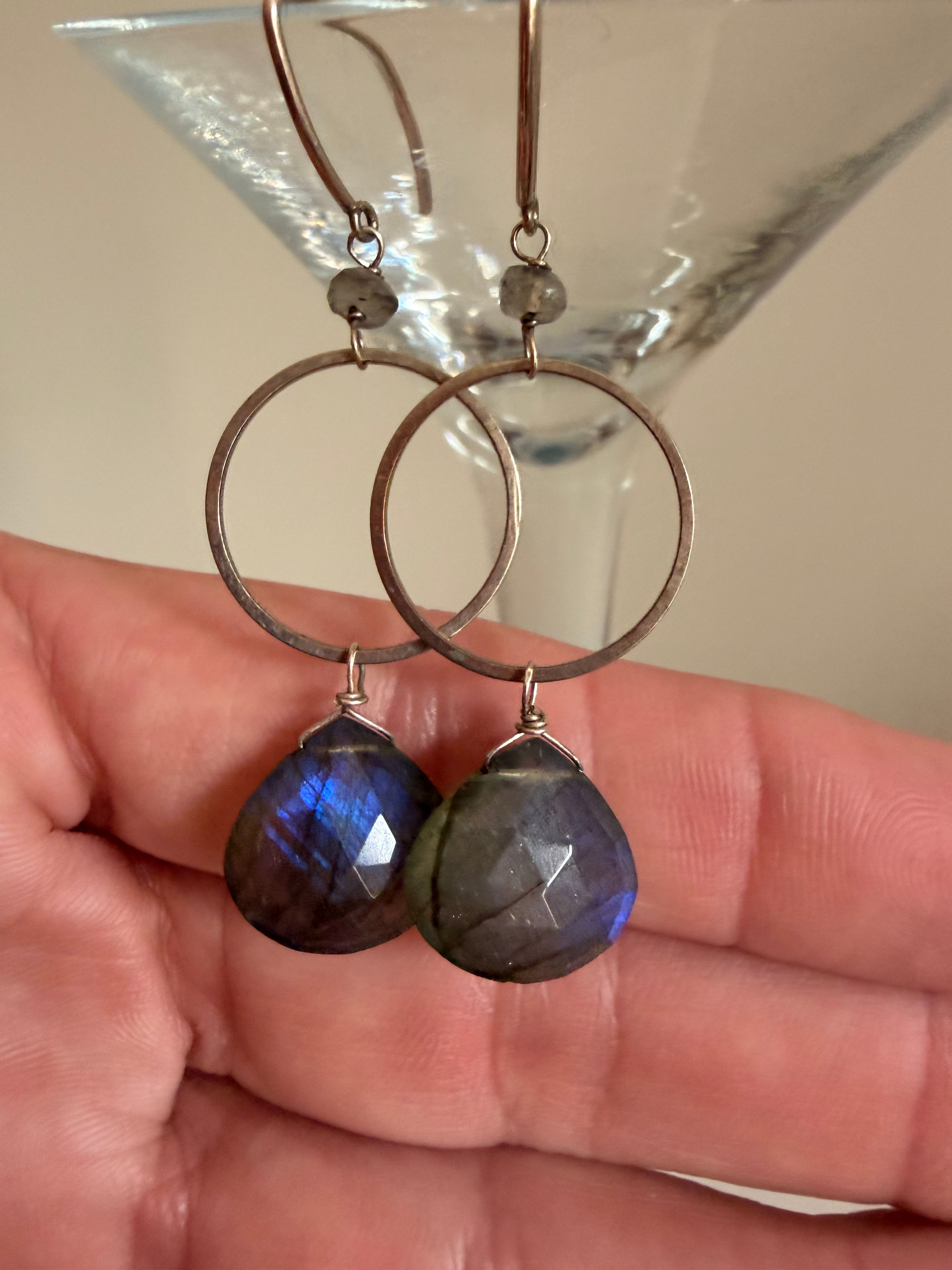 Faceted labrodorite hoop earrings 