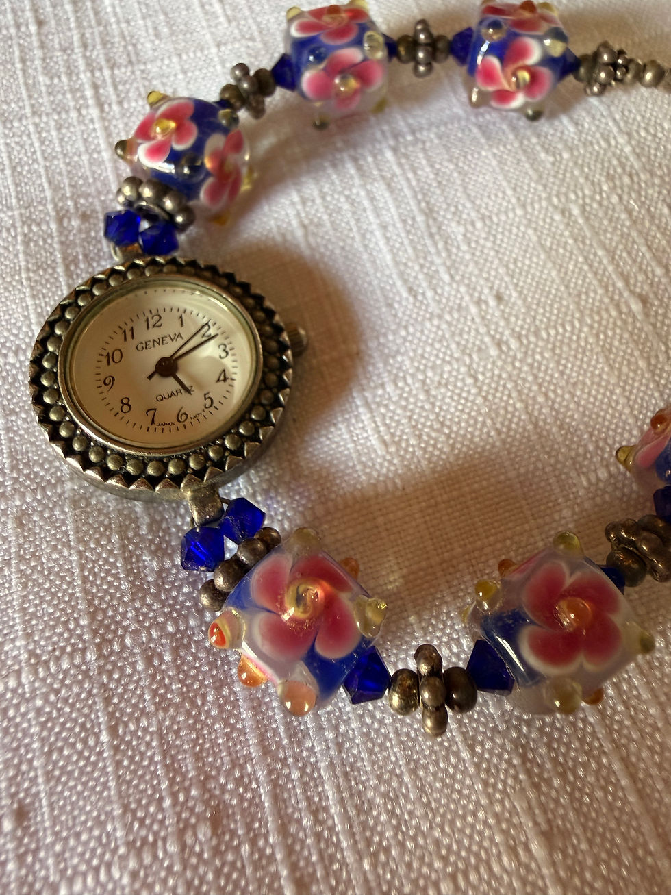Thumbnail: Vintage beaded watch ~ pink and blue 