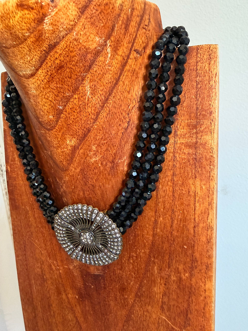 Thumbnail: Vintage Heidi Daus Belgian Disc 3 strand black crystal necklace