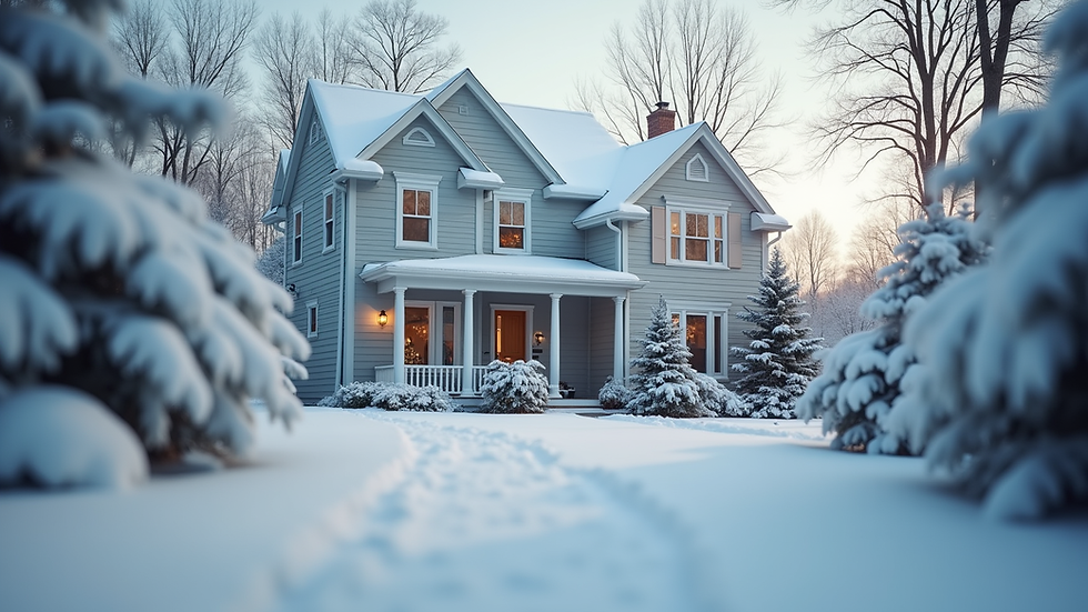 Eye-level view of a house exterior with vinyl siding in winter