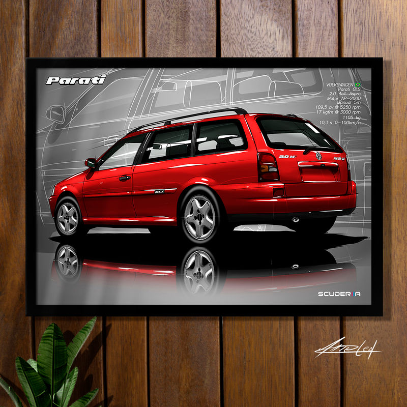 QUADRO DECORATIVO VOLKSWAGEN PARATI GLS 2.0 8v AP (G2) - PERSPECTIVA TRASEIRA POSTER DE CARRO DESENHO ARTE SCUDERIIA