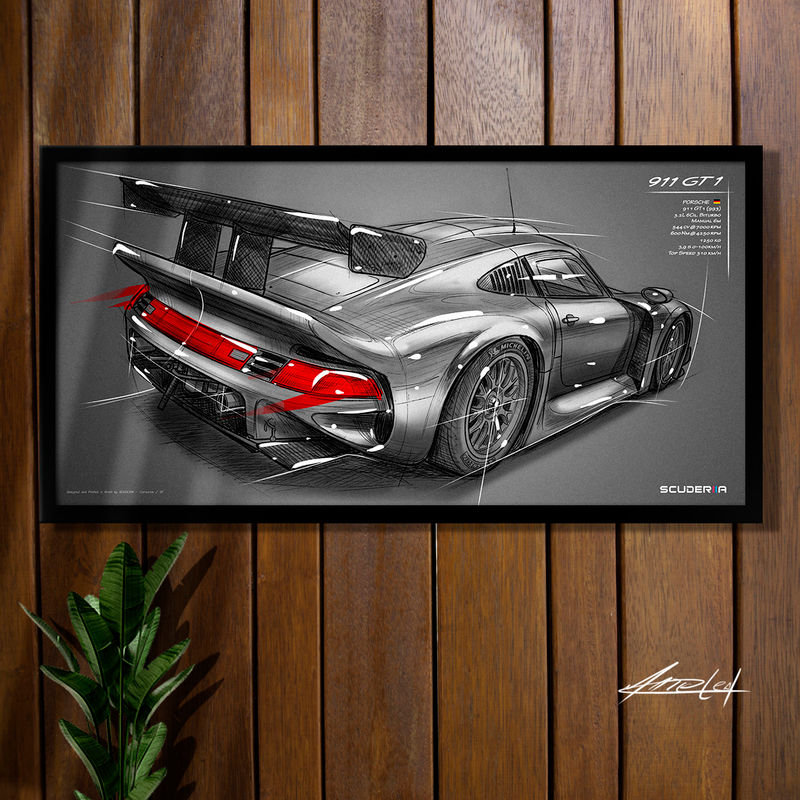 Miniatura: QUADRO DECORATIVO PORSCHE 911 GT1 993 TRASEIRA DESENHADO NO ESTILO SKETCH ART PARA DECORAR ENTUSIASTA PRESENTE CRIATIVO