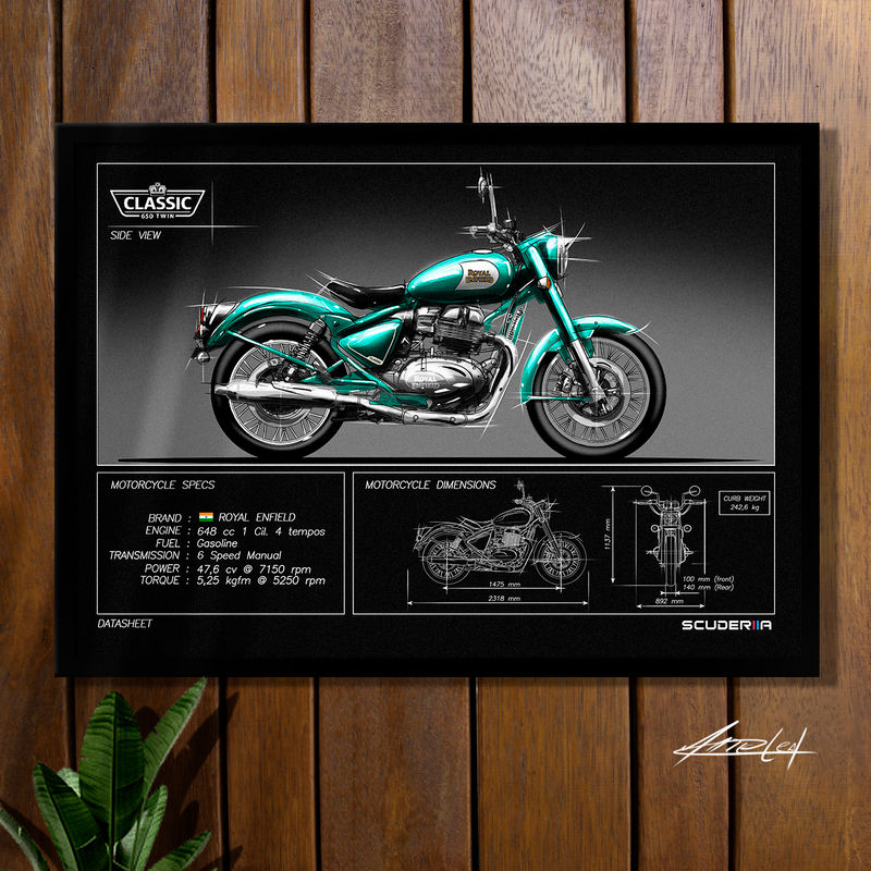 POSTER QUADRO DECORATIVO ROYAL ENFIELD CLASSIC 650 MOTO MOTOCICLISTA PRESENTE CRIATIVO MINIATURA VERDE TEAL