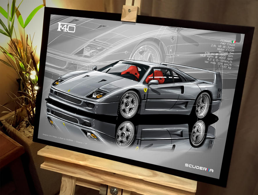 Thumbnail: QUADRO POSTER FERARI F40 2.9L V8 Bi-Turbo Coupe - PERSPECTIVE CARRO SCUDERIIA ESPORTIVO