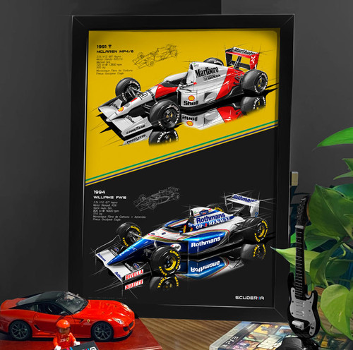 QUADRO DECORATIVO MCLAREN MP4/6 + WILLIAMS FW16 - FÓRMULA 1