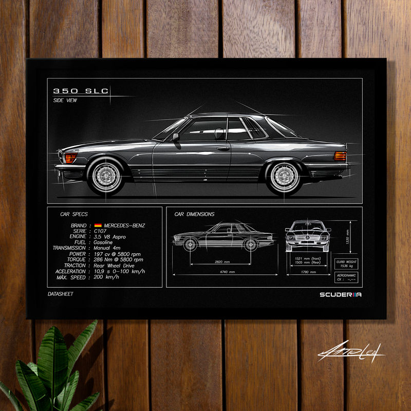Miniatura: QUADRO DECORATIVO MERCEDES-BENZ 350 SLC C107 - DATA SHEET POSTER MERCEDES BENZ MECA