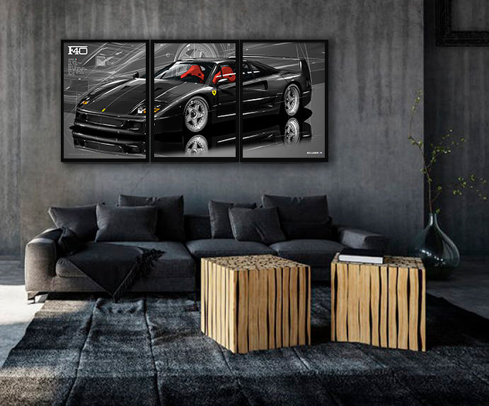 Miniatura: QUADRO POSTER TRÊS PEÇAS TRIPLICO FERRARI F40 2.9L V8 Bi-turbo MOSAICO - PERSPECTIVE SUPER ESPORTIVO CARRO SCUDERIIA