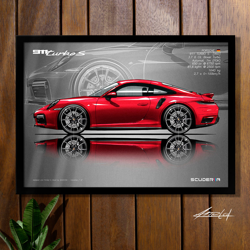 QUADRO DECORATIVO PORSCHE 911 TURBO S 992 3.7 650cv desenho automotivo ilustração scuderiia presente criativo gearhead