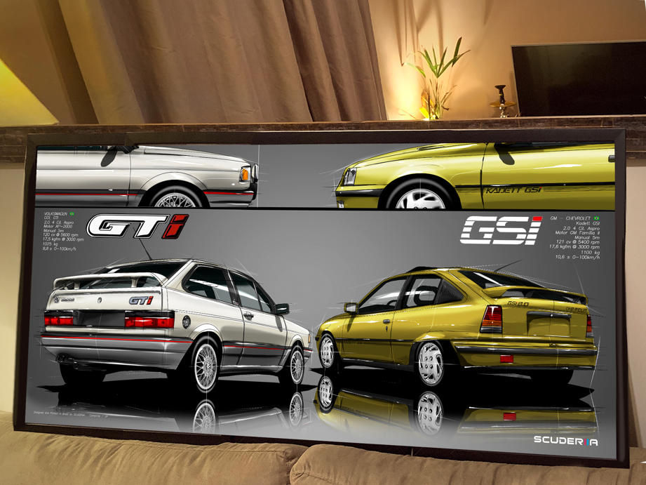 Miniatura: QUADRO POSTER VOLKSWAGEN GOL GTI X CHEVROLET KADETT GSI - LEGEND'S WIDE 87cm x 45cm - NEO CLÁSSICOS CARROS NACIONAIS ANOS 90