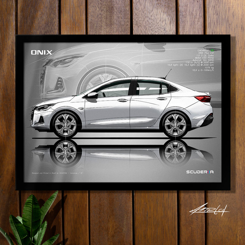 QUADRO POSTER DECORATIVO CHEVROLET ONIX PLUS LTZ 1.0 TURBO (G2) DESENHO AUTOMOTIVO SCUDERIIA PRESENTE ENTUSIASTA GEARHEAD