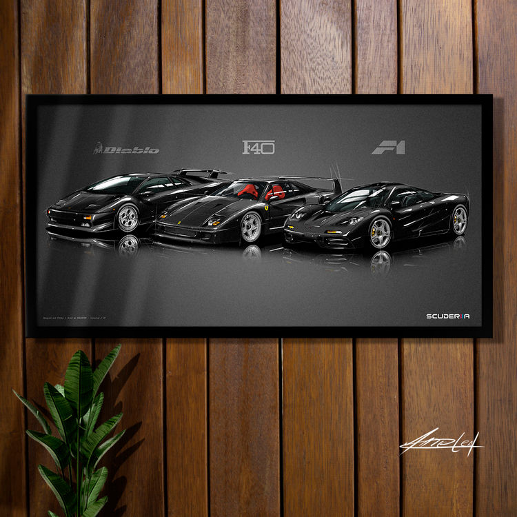 Miniatura: QUADRO DECORATIVO HYPER CARROS ANOS 90 - F40 / F1 / DIABLO - WIDE 87x45cm