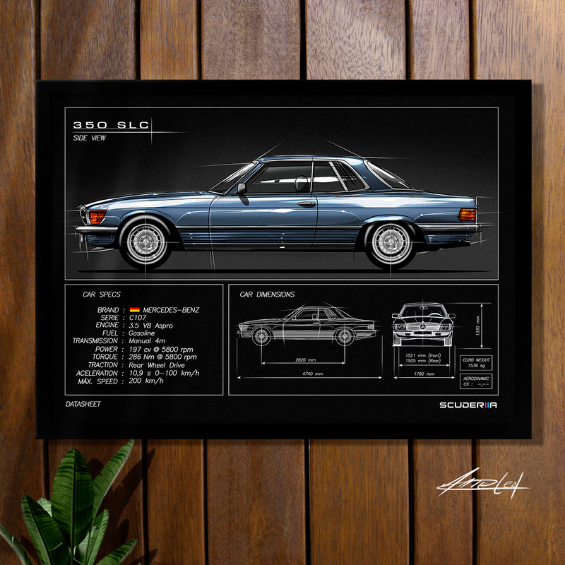 Miniatura: QUADRO DECORATIVO MERCEDES-BENZ 350 SLC C107 - DATA SHEET POSTER MERCEDES BENZ MECA