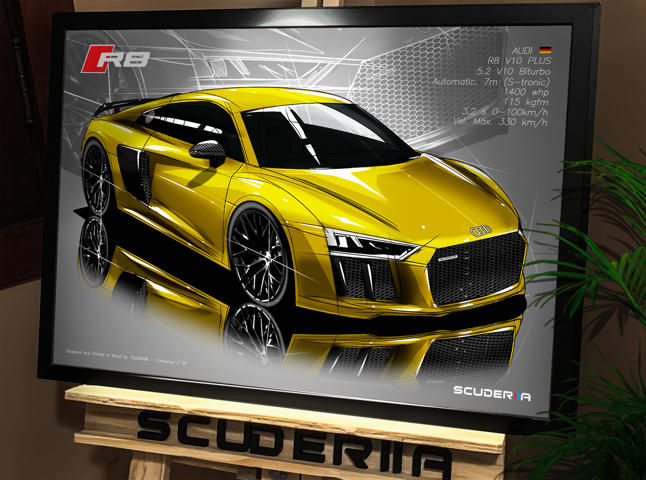 Miniatura: QUADRO DECORATIVO AUDI R8 5.2 V10  BITURBO 2015-2019 - PERSPECTIVE