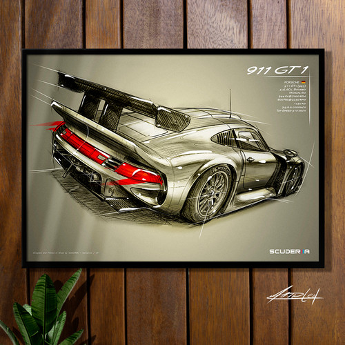QUADRO DECORATIVO PORSCHE 911 GT1 993 TRASEIRA DESENHADO NO ESTILO