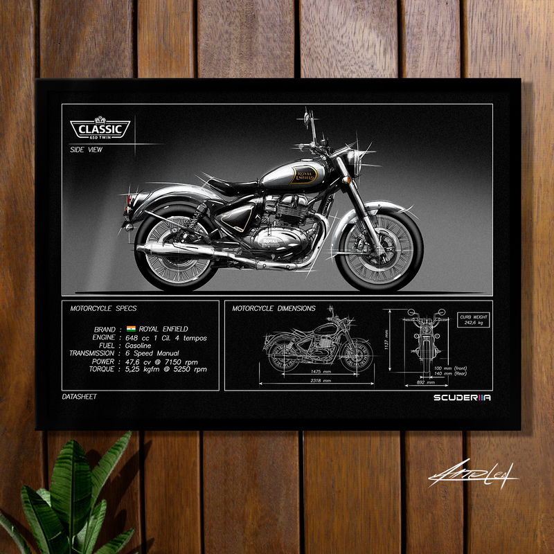POSTER QUADRO DECORATIVO ROYAL ENFIELD CLASSIC 650 MOTO MOTOCICLISTA PRESENTE CRIATIVO MINIATURA BLACK CHROME