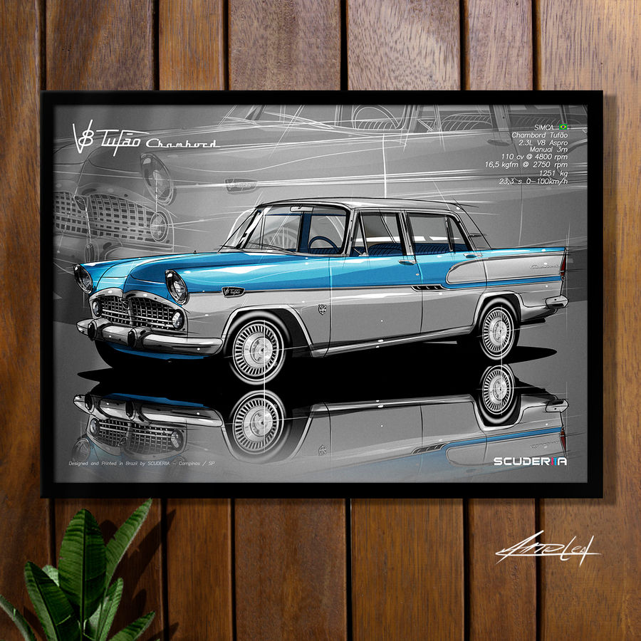 QUADRO DECORATIVO SIMCA CHAMBORD TUFÃO 2.3 V8 (SAIA E BLUSA) 1958-1963 ILUSTRAÇÃO SCUDERIIA PRESENTE CRIATIVO ENTUSIASTA